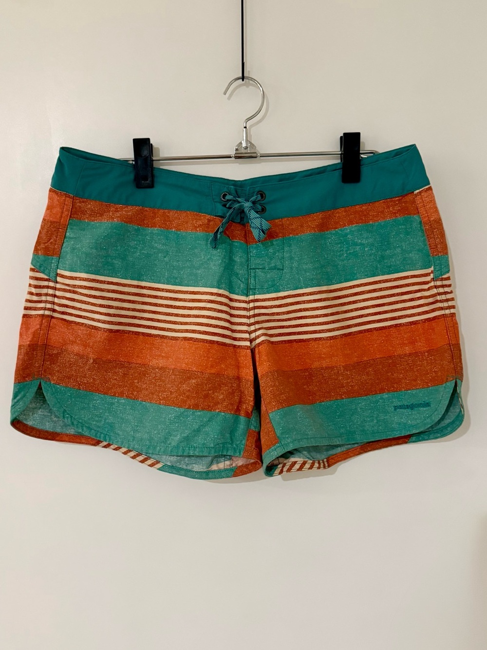 Patagonia Teal and Orange Striped Women's Board Shorts